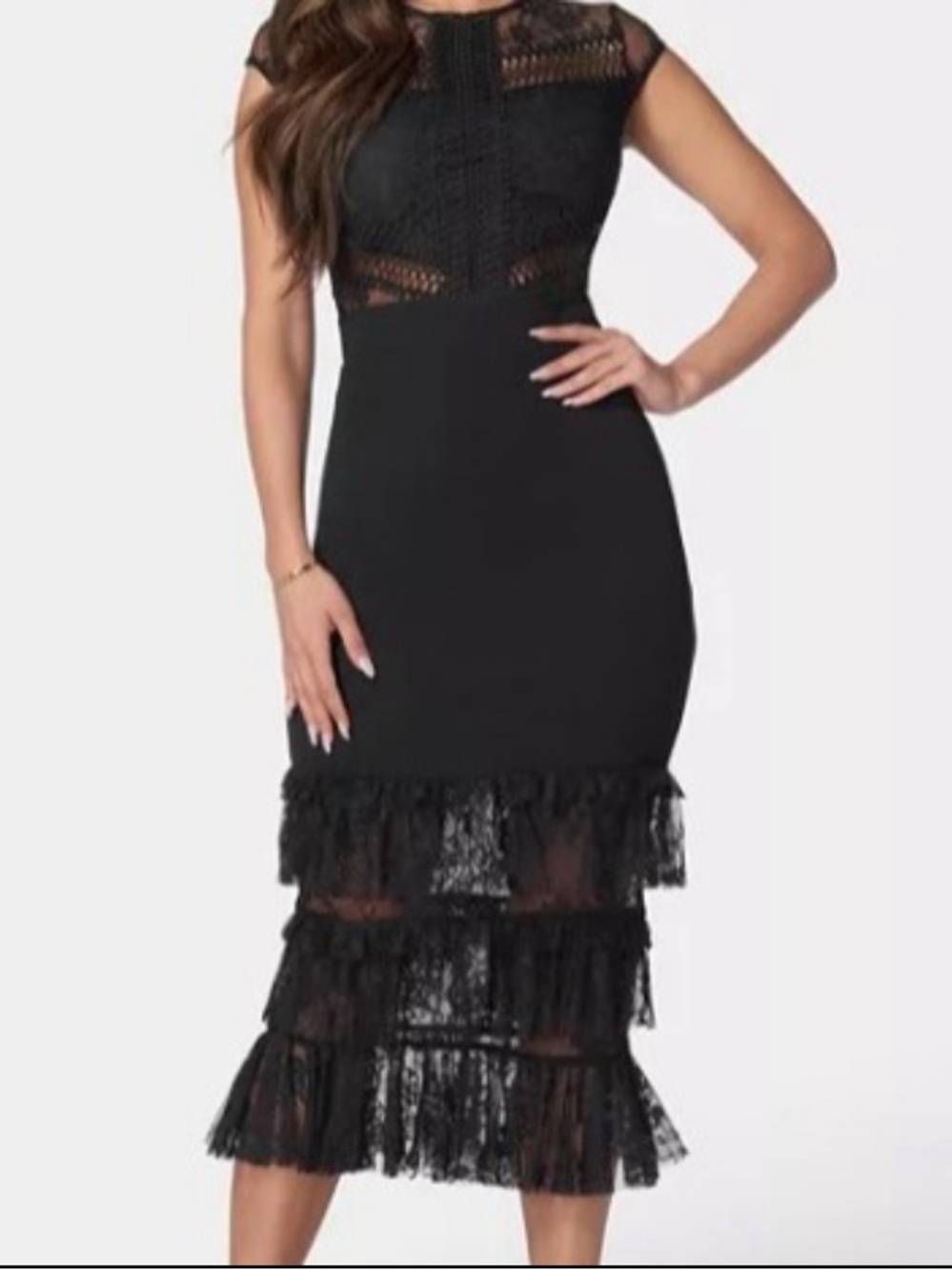 bebe Black Lace Ruffled Midi Dress sz M like new